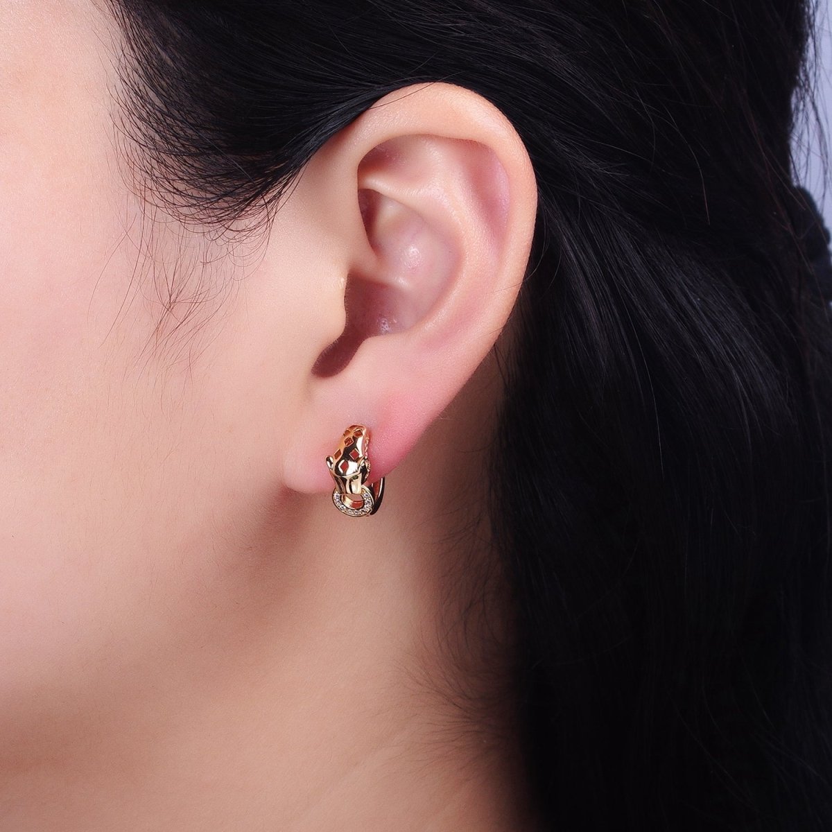 16K Gold Filled 16mm Green-Eyed Panther Leopard Filigree Micro Paved Round Huggie Earrings in Silver & Gold | AB647 AB920