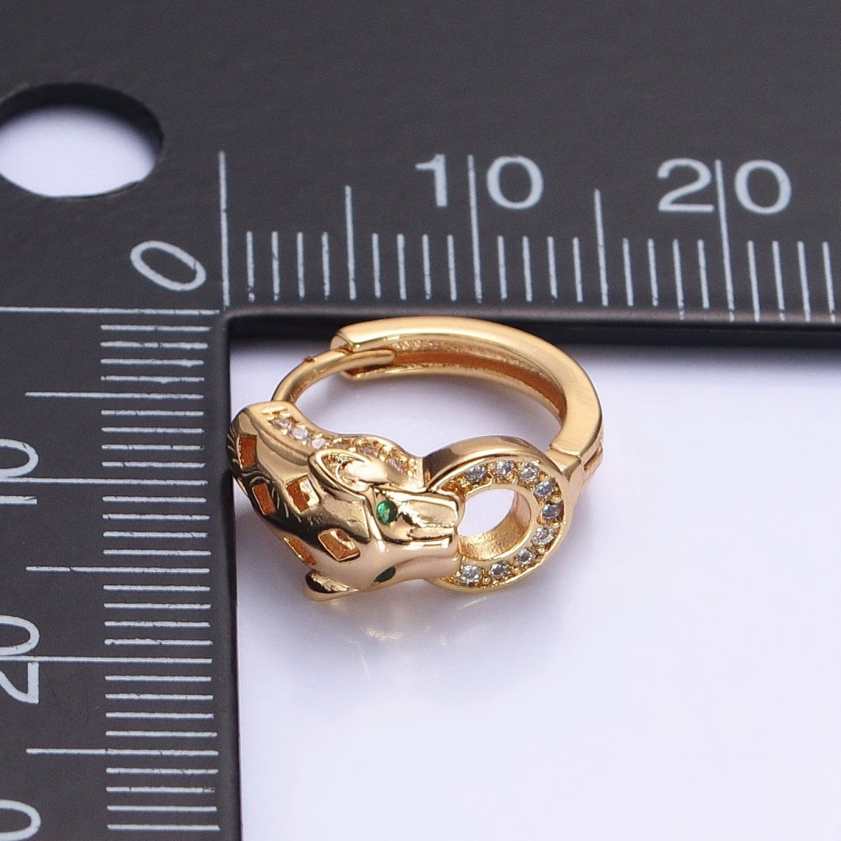 16K Gold Filled 16mm Green-Eyed Panther Leopard Filigree Micro Paved Round Huggie Earrings in Silver & Gold | AB647 AB920