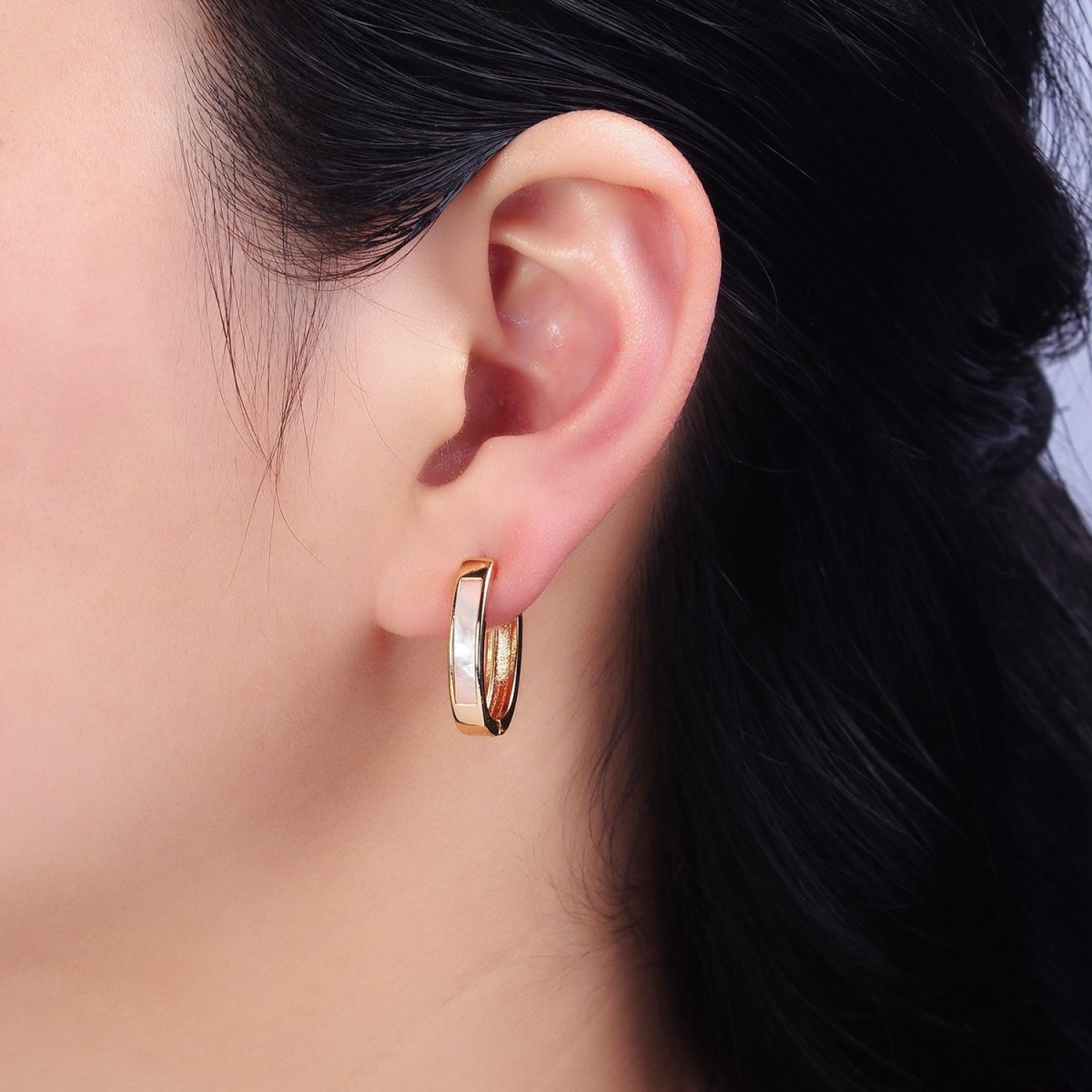 16K Gold Filled 20.3mm Shell Pearl Lined Oval Huggie Earring in Gold & Silver | AD-1038 AD-1039