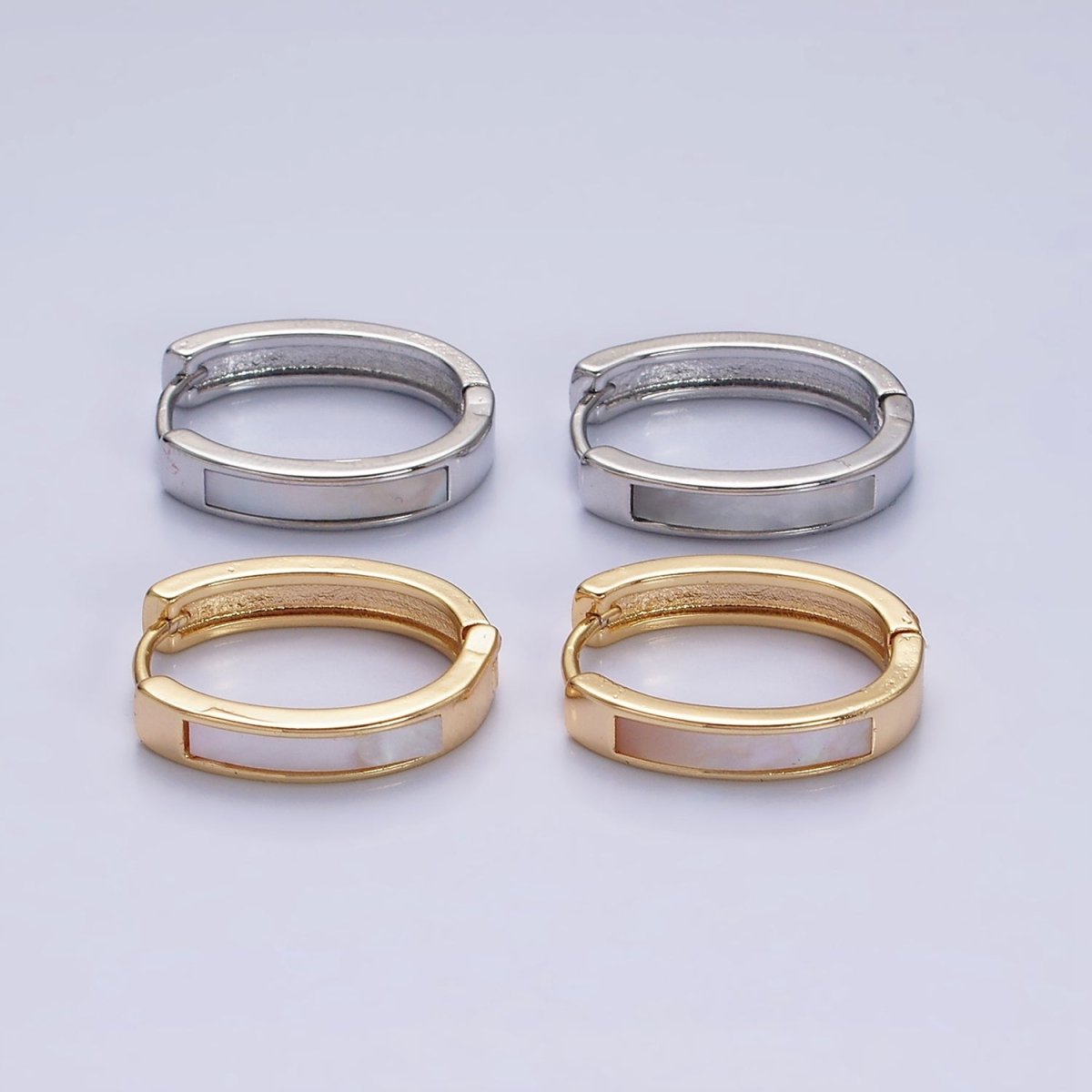 16K Gold Filled 20.3mm Shell Pearl Lined Oval Huggie Earring in Gold & Silver | AD-1038 AD-1039