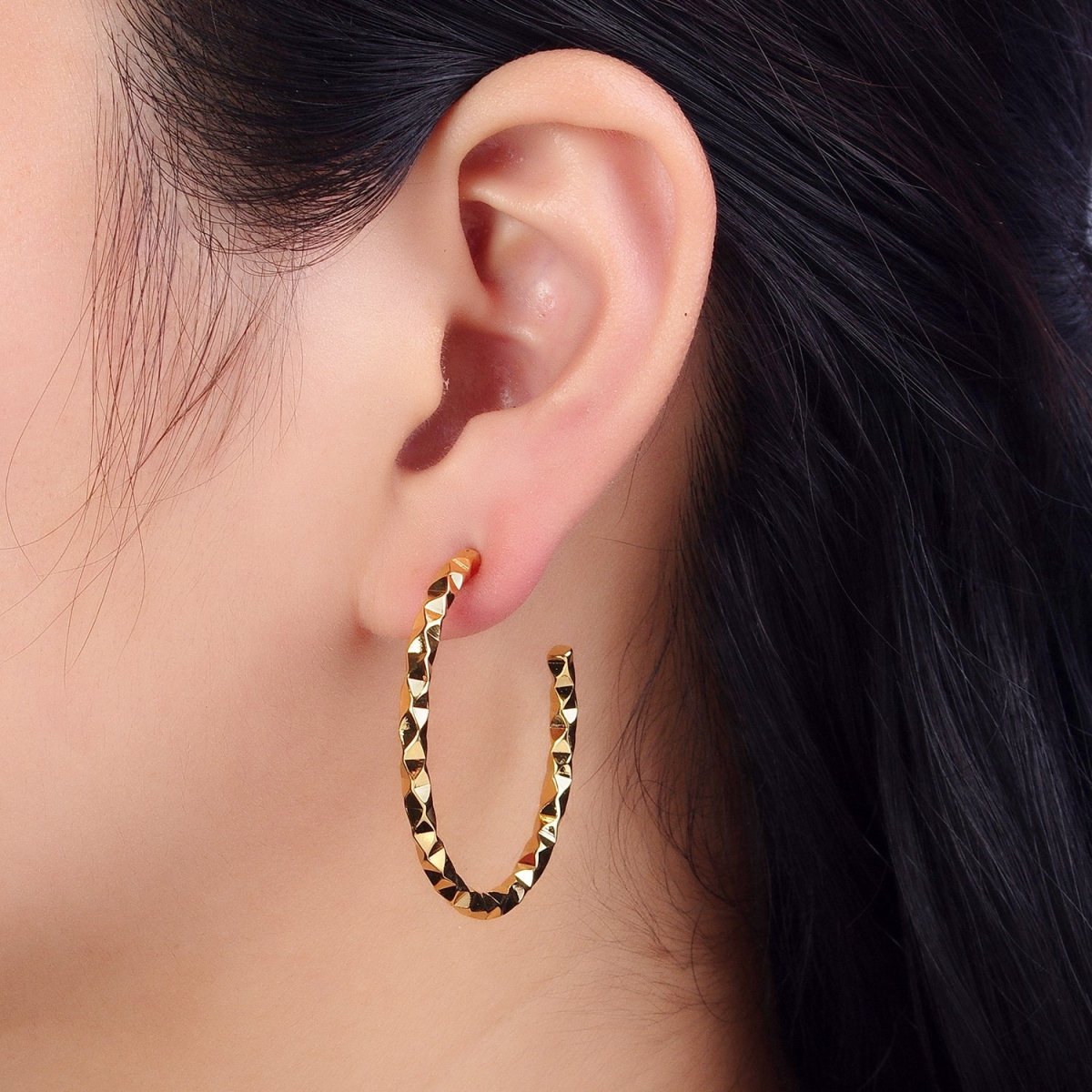 16K Gold Filled 20mm, 25mm, 40mm Dented Geometric C-Shaped Hoop Earrings | AB183 AB142 AB182