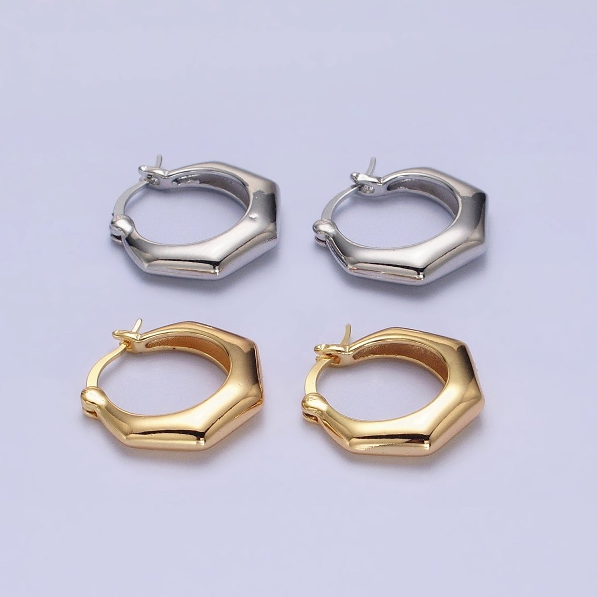16K Gold Filled 20mm Hexagonal Dome French Lock Latch Earrings in Gold & Silver | AB1472 AB1473