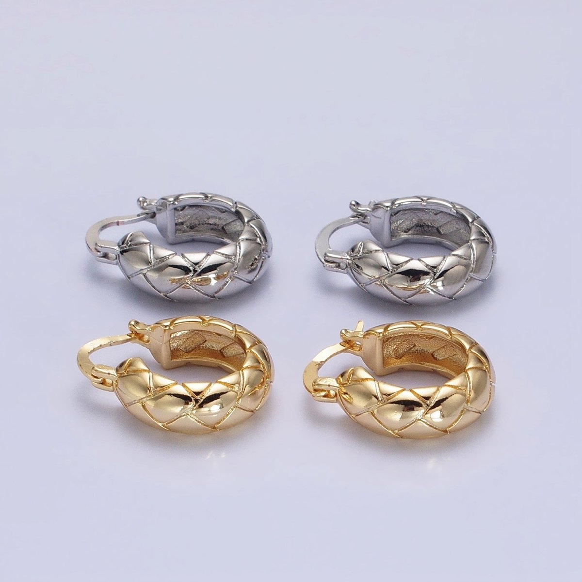 16K Gold Filled 20mm Quilt Textured Latch French Lock Hoop Earrings in Gold & Silver | AD814 AD815