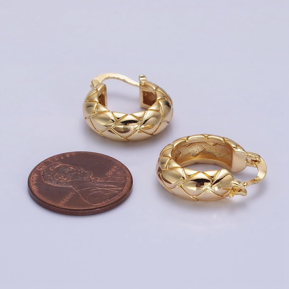 16K Gold Filled 20mm Quilt Textured Latch French Lock Hoop Earrings in Gold & Silver | AD814 AD815