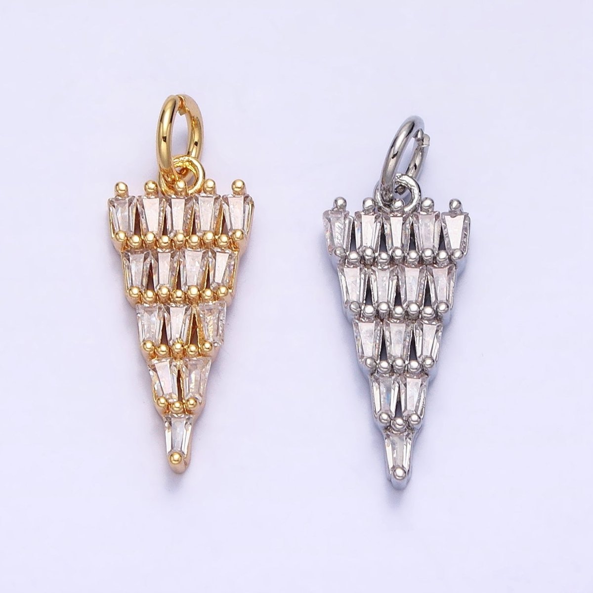 16K Gold Filled 21.5mm Triangle Baguette Clear CZ Charm in Gold & Silver | AC1223 AC1224