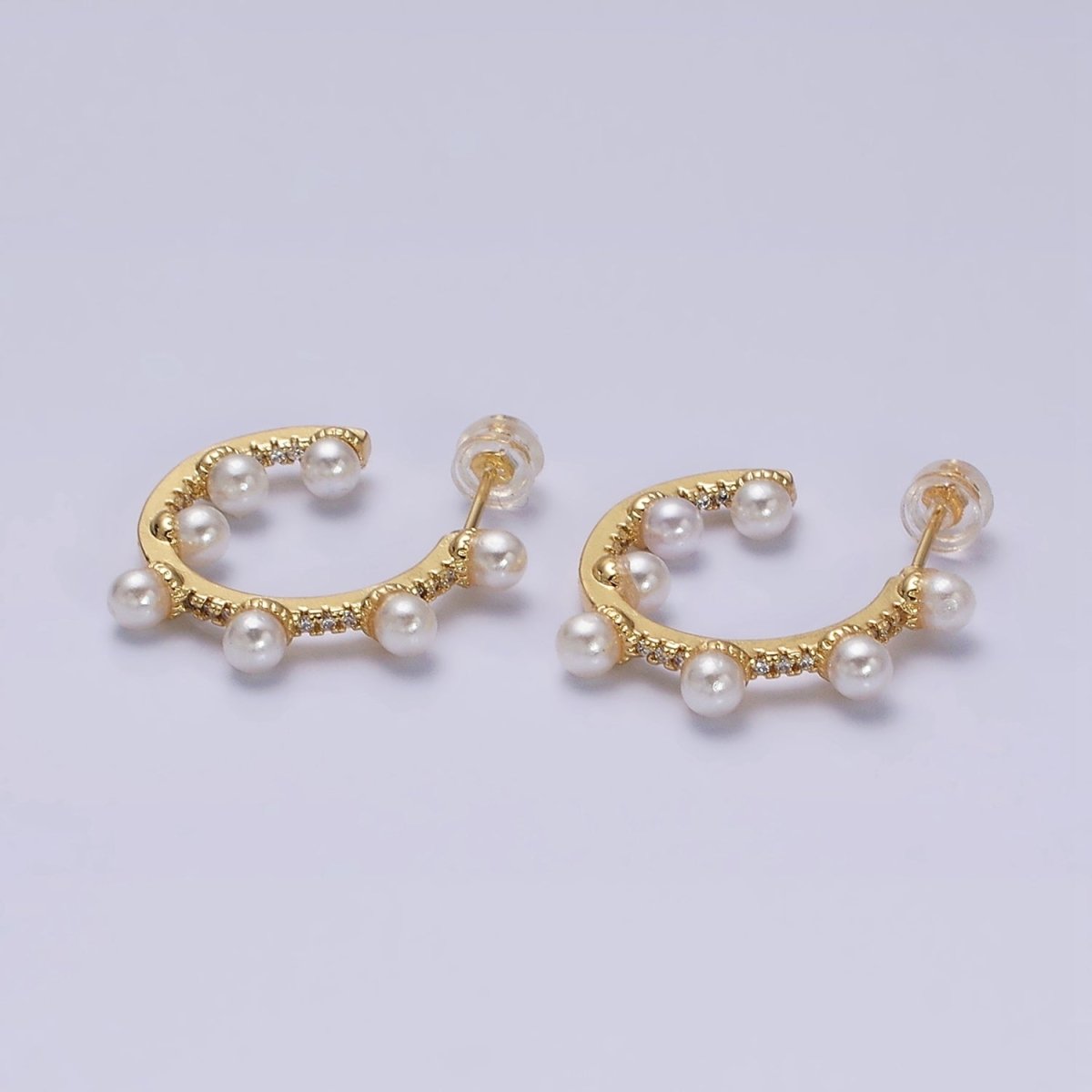 16K Gold Filled 25mm C-Shaped Dotted Pearl Lined Micro Paved CZ Hoop Earrings in Gold & Silver | AD1171 AD1172