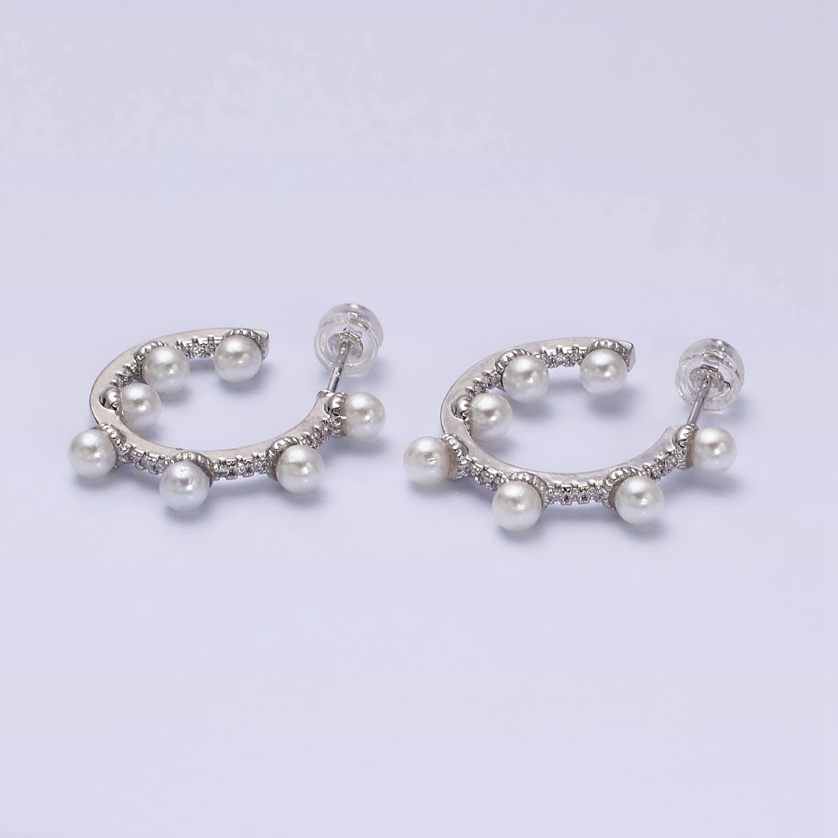 16K Gold Filled 25mm C-Shaped Dotted Pearl Lined Micro Paved CZ Hoop Earrings in Gold & Silver | AD1171 AD1172