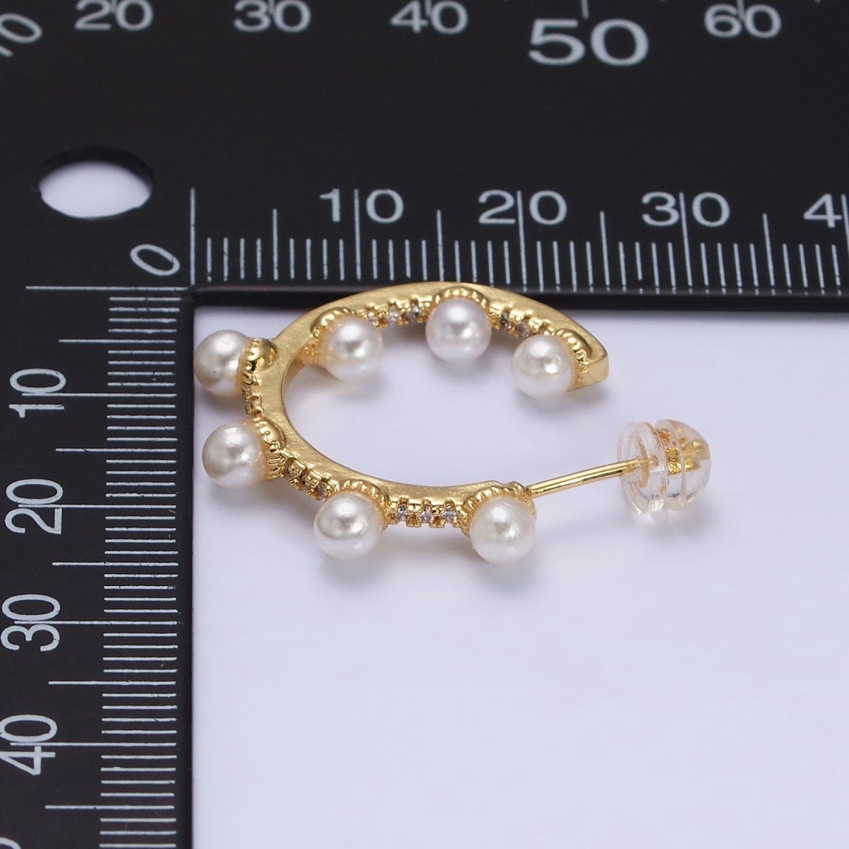 16K Gold Filled 25mm C-Shaped Dotted Pearl Lined Micro Paved CZ Hoop Earrings in Gold & Silver | AD1171 AD1172