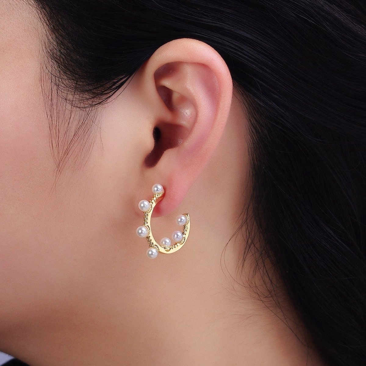 16K Gold Filled 25mm C-Shaped Dotted Pearl Lined Micro Paved CZ Hoop Earrings in Gold & Silver | AD1171 AD1172