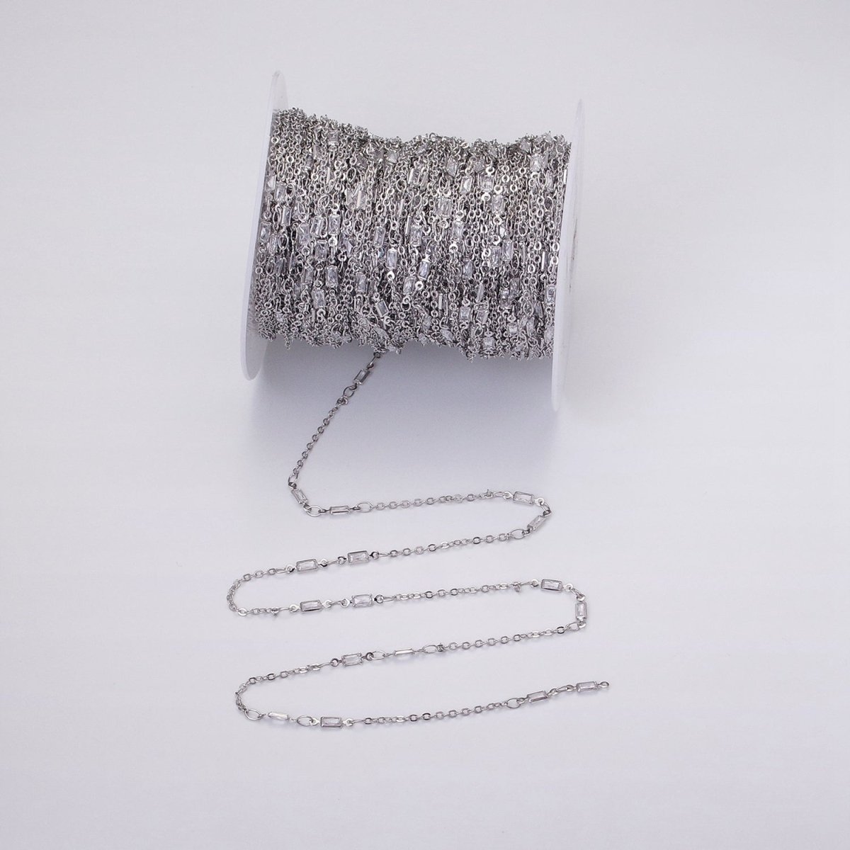 16K Gold Filled 2.5mm CZ Double Clear Baguette Cable Link Unfinished Chain in Gold & Silver | ROLL-1333 ROLL-1334