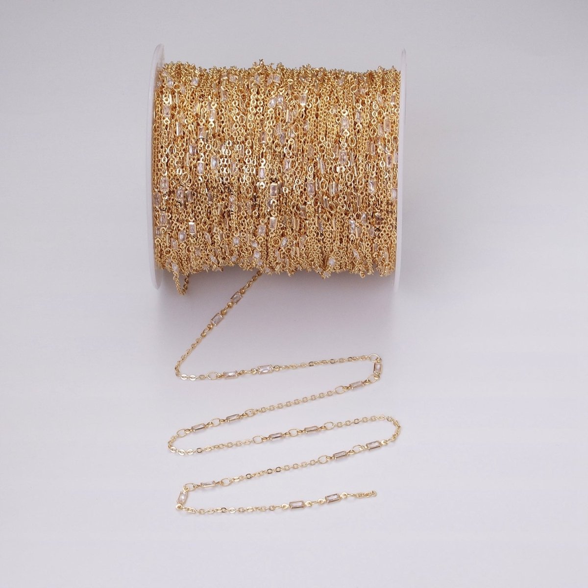16K Gold Filled 2.5mm CZ Double Clear Baguette Cable Link Unfinished Chain in Gold & Silver | ROLL-1333 ROLL-1334