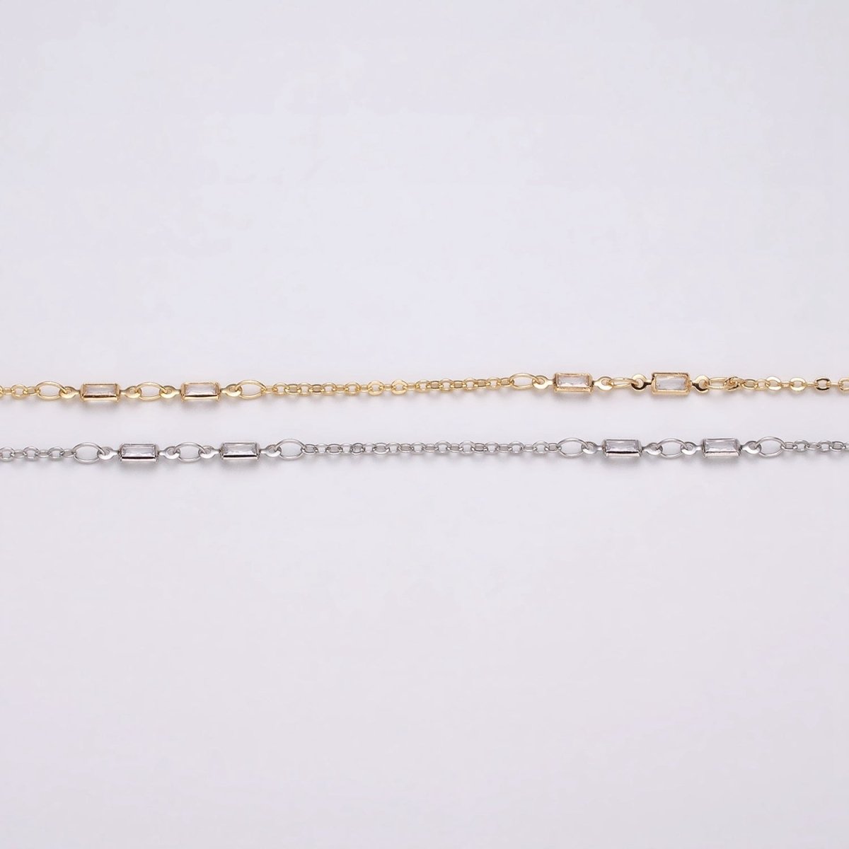 16K Gold Filled 2.5mm CZ Double Clear Baguette Cable Link Unfinished Chain in Gold & Silver | ROLL-1333 ROLL-1334