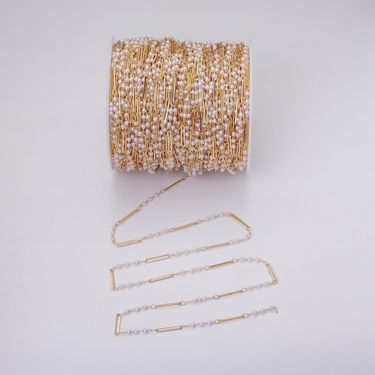16K Gold Filled 2.5mm Designed Triple Synthetic Pearl Paperclip Link Unfinished Chain in Gold & Silver | ROLL-1335 ROLL-1336