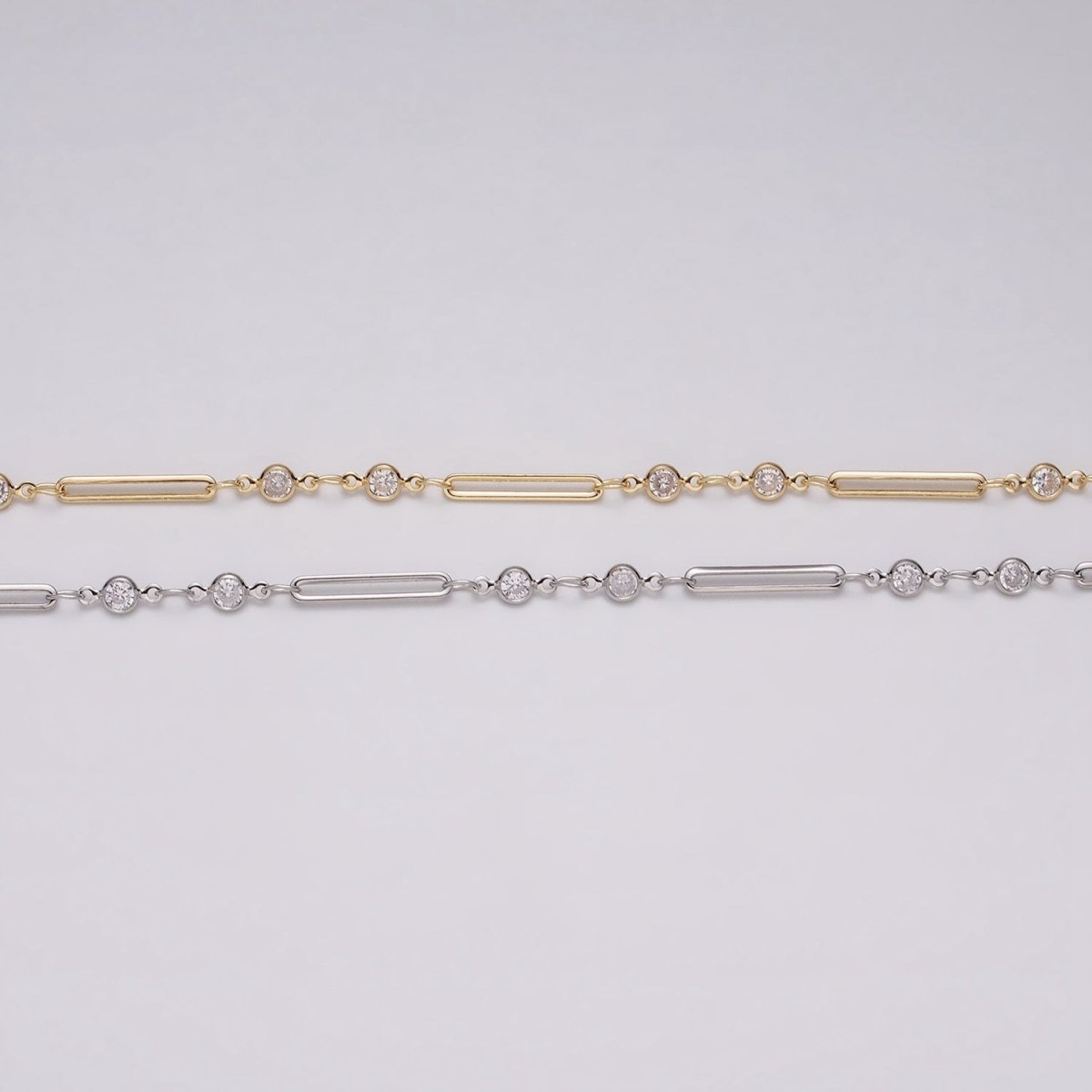 16K Gold Filled 2.5mm Double CZ Clear Round Paperclip Link Designed Unfinished Chain in Gold & Silver | ROLL-1329 ROLL-1330