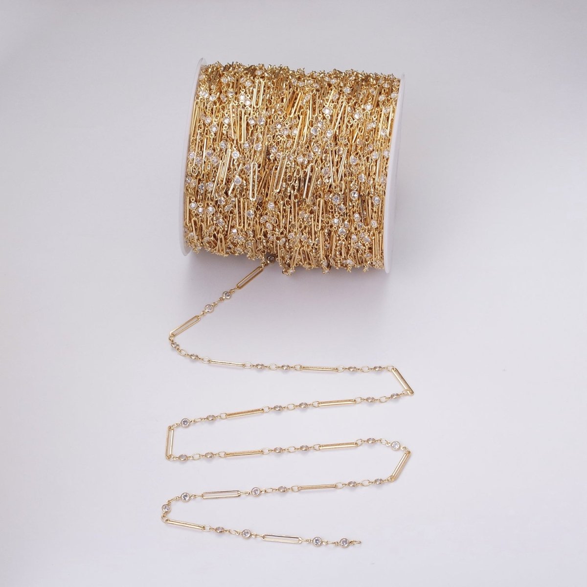 16K Gold Filled 2.5mm Double CZ Clear Round Paperclip Link Designed Unfinished Chain in Gold & Silver | ROLL-1329 ROLL-1330