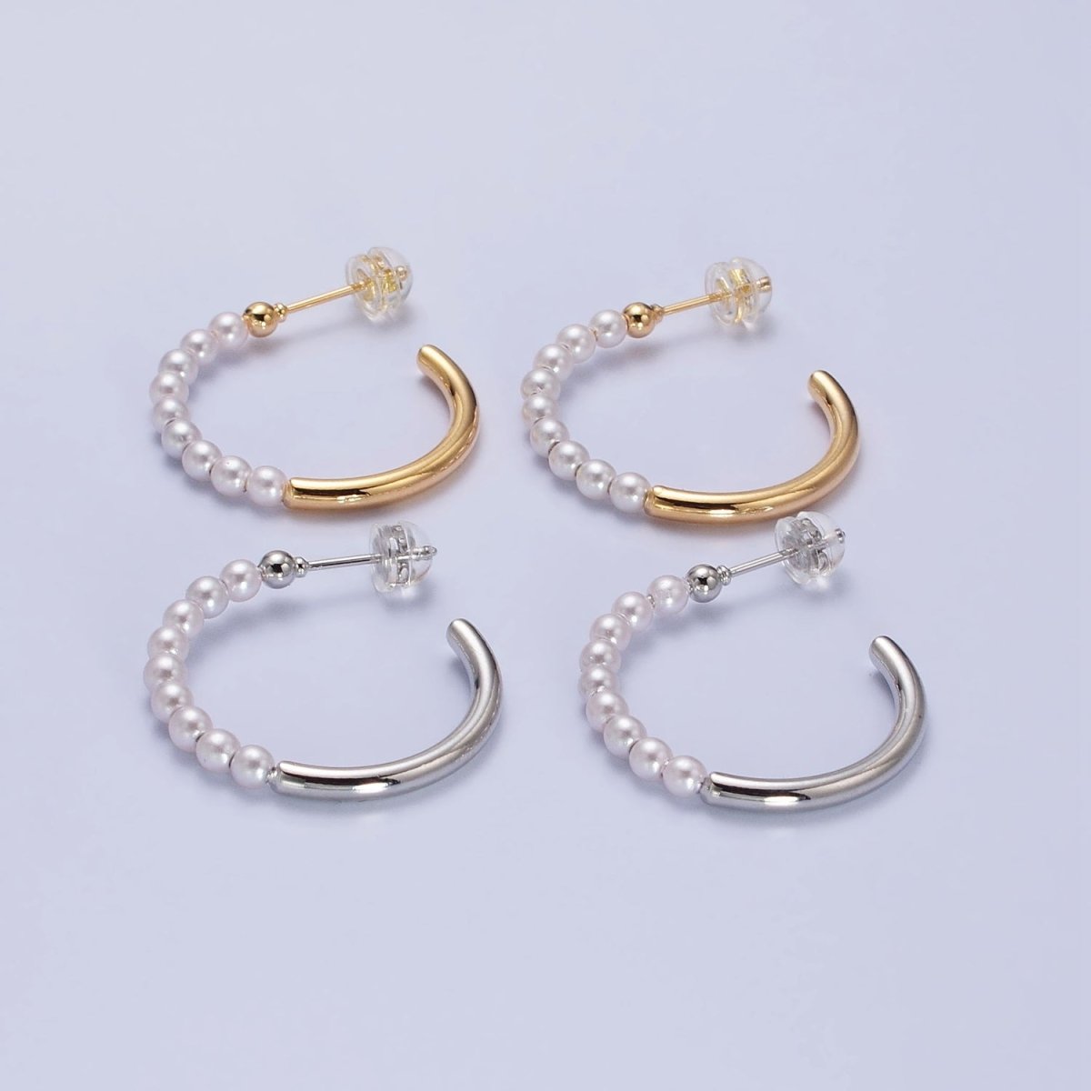 16K Gold Filled 25mm Half Pearl Hoop Earrings in Gold & Silver | AB366 AB367