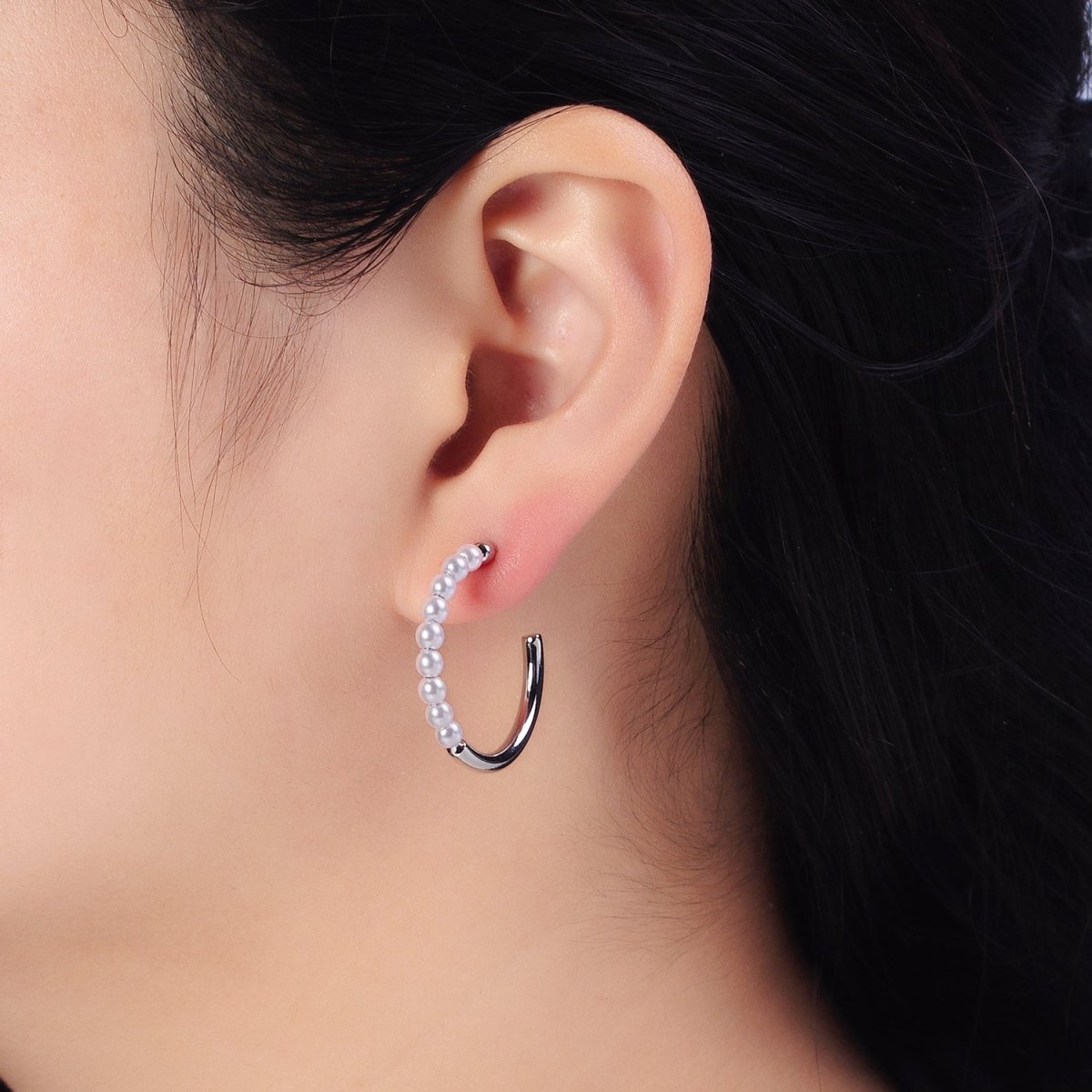 16K Gold Filled 25mm Half Pearl Hoop Earrings in Gold & Silver | AB366 AB367