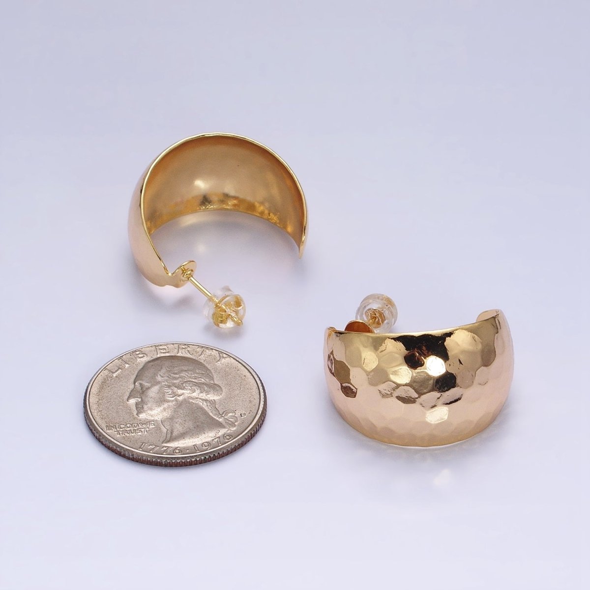 16K Gold Filled 25mm Round Multifaceted Wide Dome C-Shaped Hoop Earrings in Gold & Silver | AE023 AE024