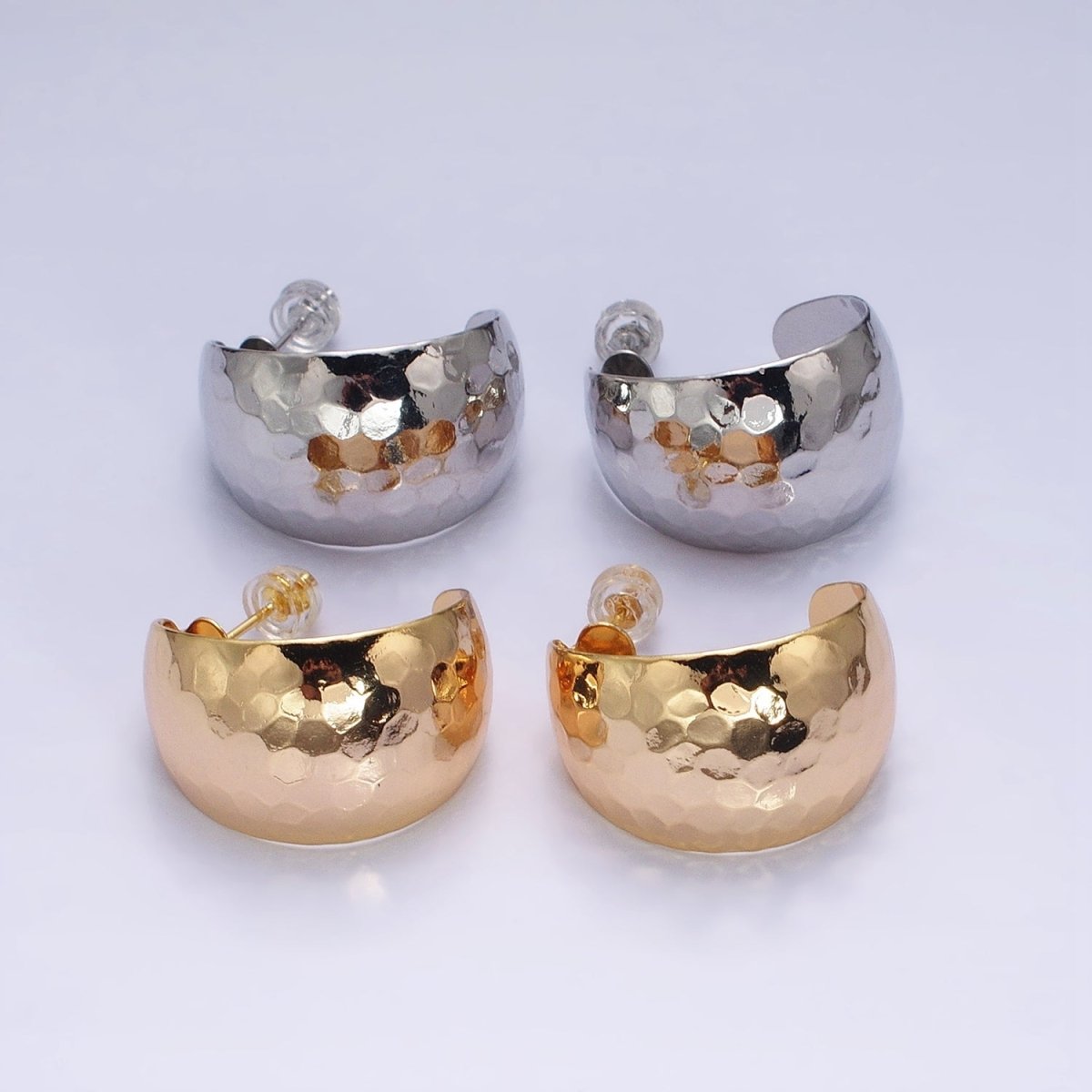 16K Gold Filled 25mm Round Multifaceted Wide Dome C-Shaped Hoop Earrings in Gold & Silver | AE023 AE024