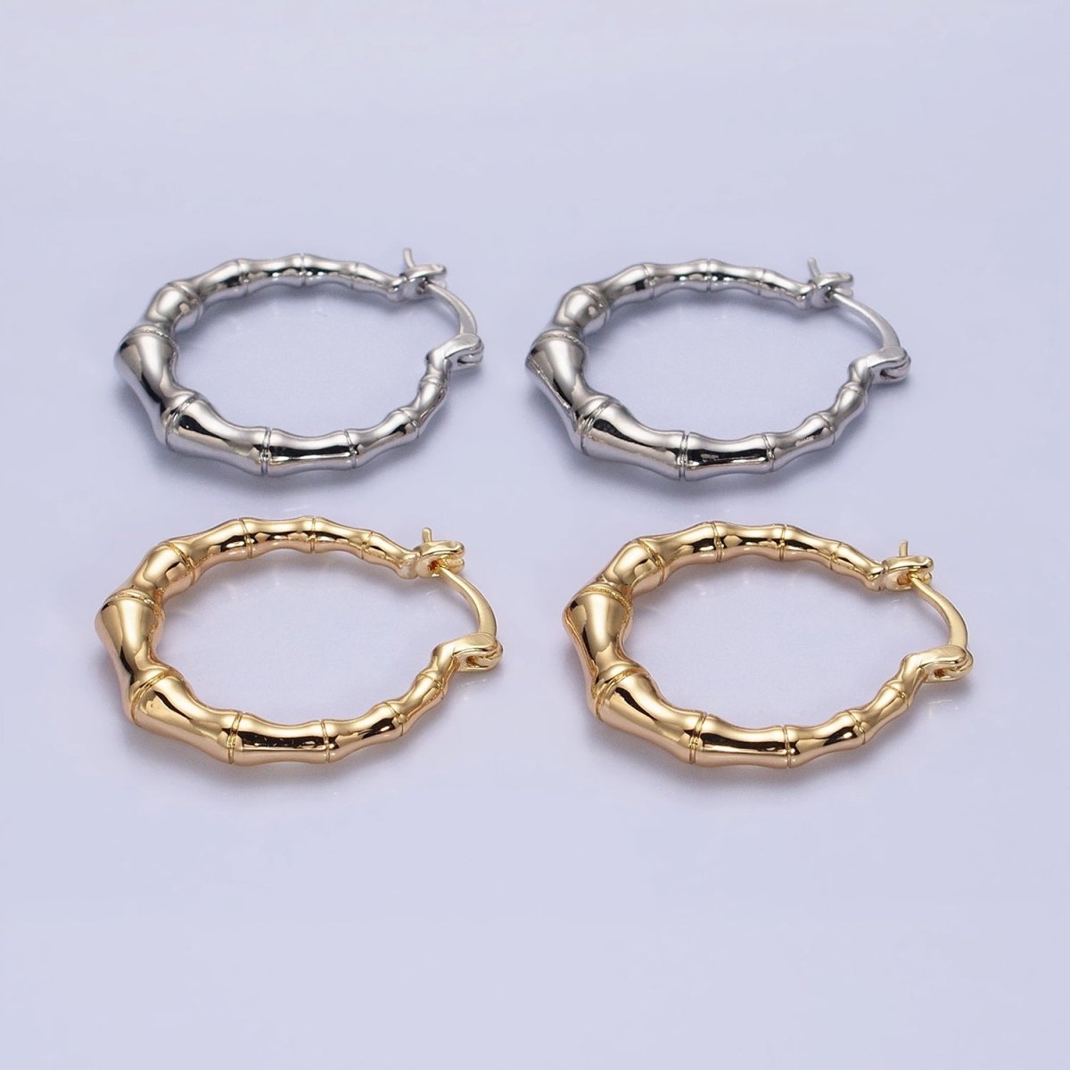 16K Gold Filled 26mm Bamboo Hoop French Lock Latch Earrings in Gold & Silver | AB1482 AB1483