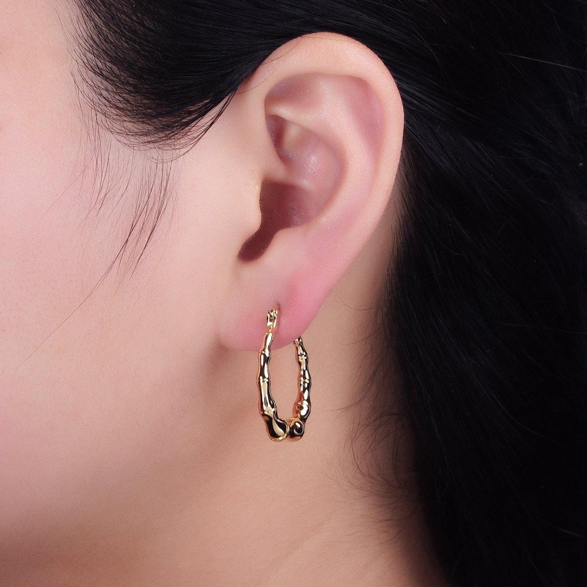 16K Gold Filled 26mm Bamboo Hoop French Lock Latch Earrings in Gold & Silver | AB1482 AB1483