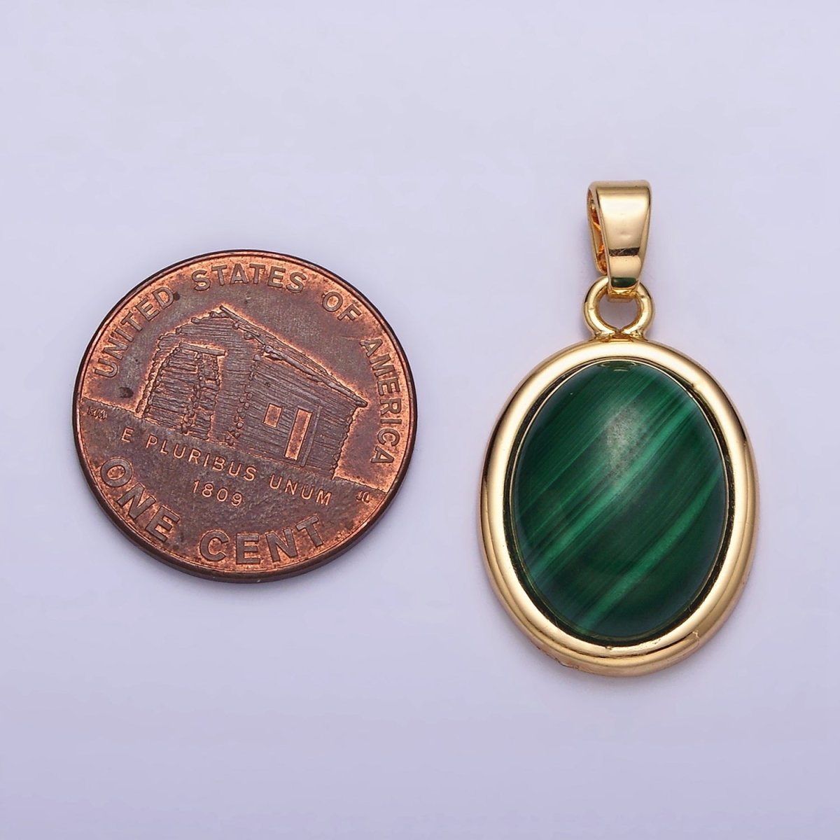 16K Gold Filled 28.3mm Malachite Natural Gemstone Oval Cabochon Pendant | AA435 - DLUXCA