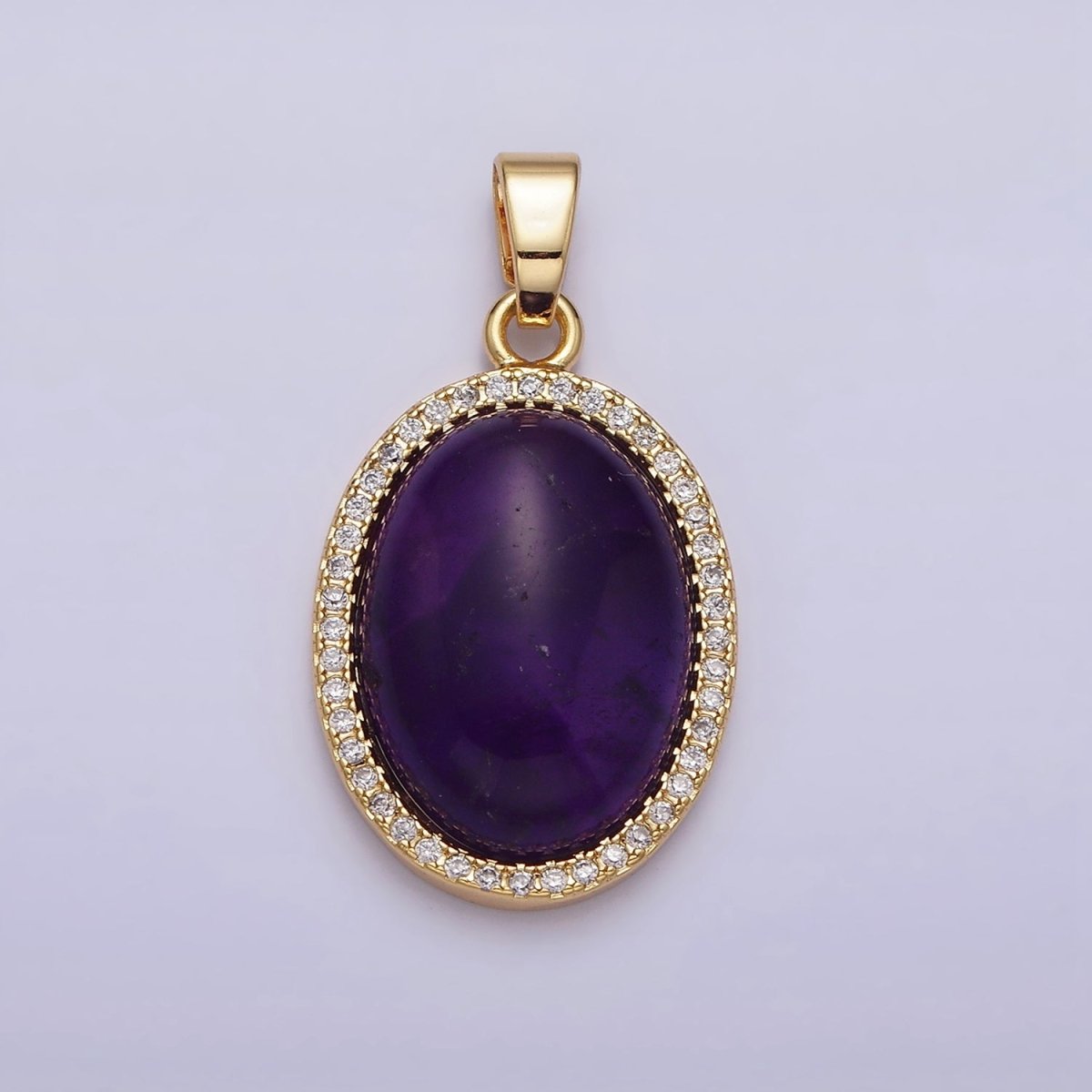 16K Gold Filled 30mm Purple Amethyst Natural Gemstone Oval Cabochon Micro Paved CZ Pendant | AA438 - DLUXCA