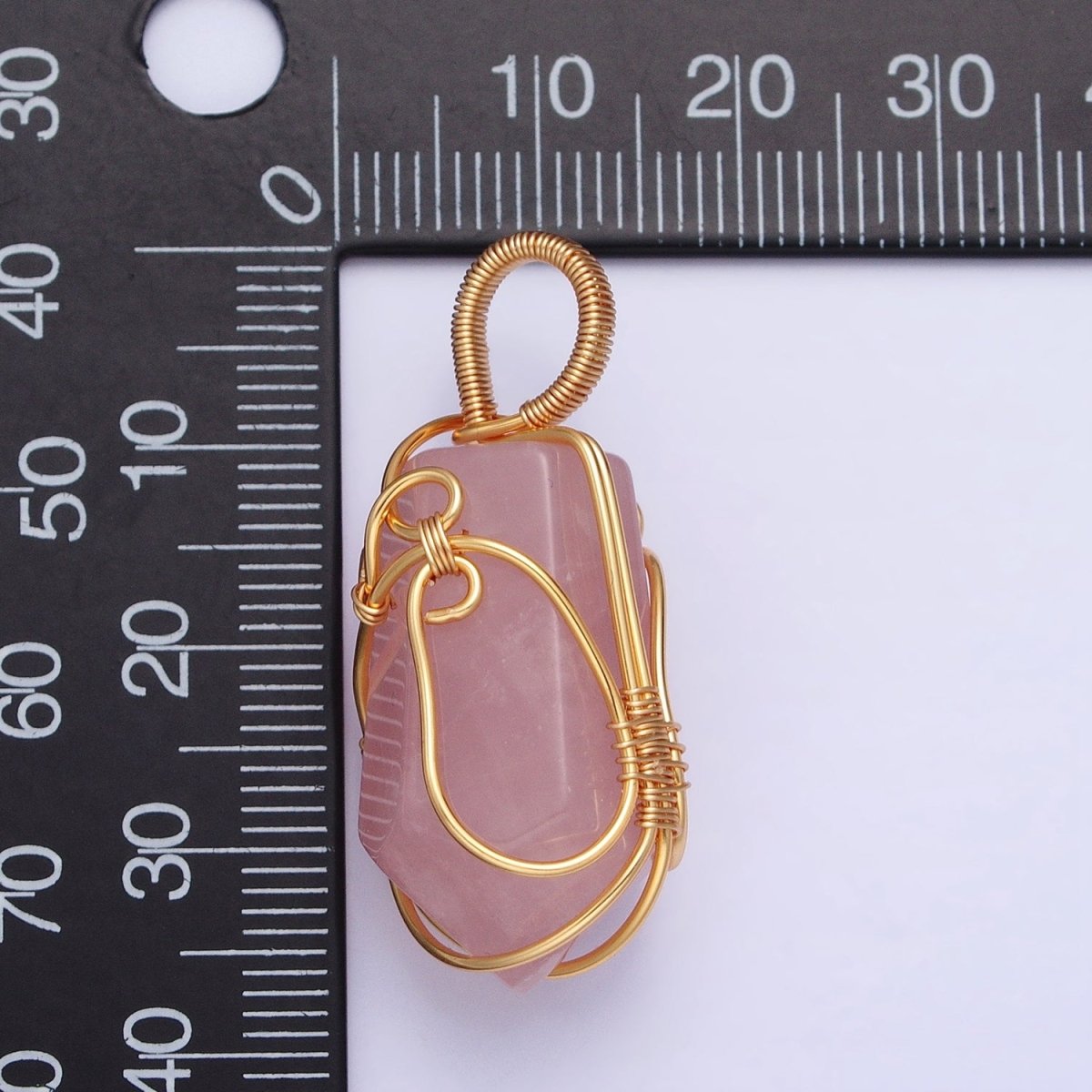 16K Gold Filled 36mm Wired Rose Quartz Natural Gemstone Multifaceted Oblong Pendant | AA223 - DLUXCA