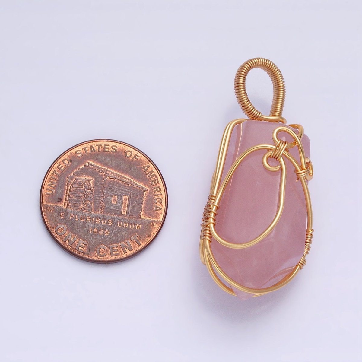 16K Gold Filled 36mm Wired Rose Quartz Natural Gemstone Multifaceted Oblong Pendant | AA223 - DLUXCA