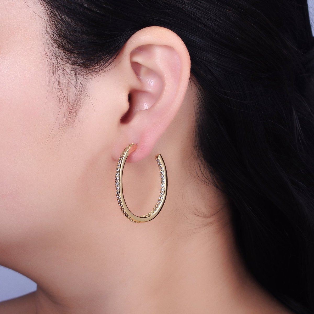 16K Gold Filled 37mm Micro Paved CZ C-Shaped Hoop Earrings | AD1275 AD1276