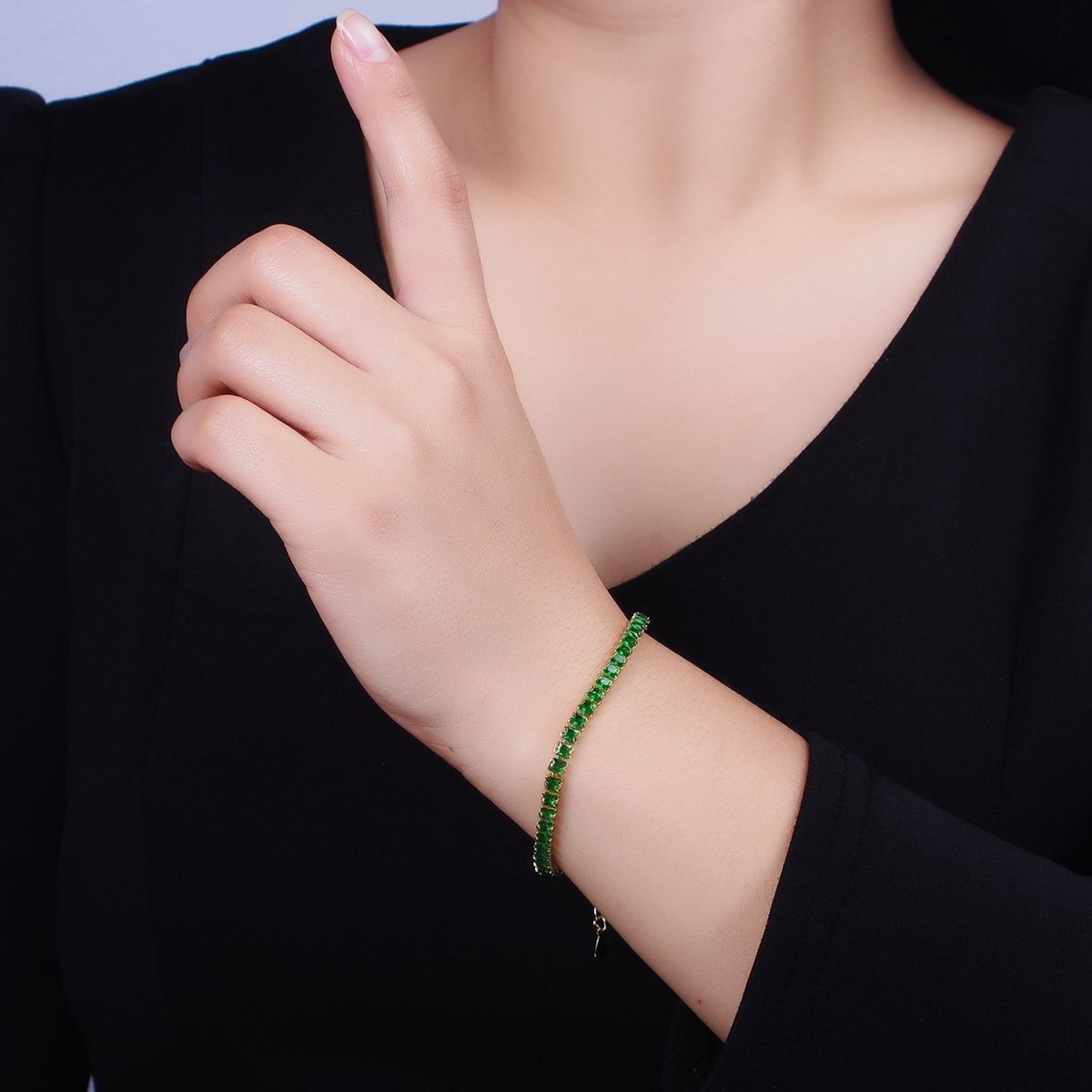 16K Gold Filled 3.8mm Pink, Green, Clear CZ Square Tennis 6.5 Inch Bracelet with Extender in Gold & Silver | WA-1791 - WA-1796