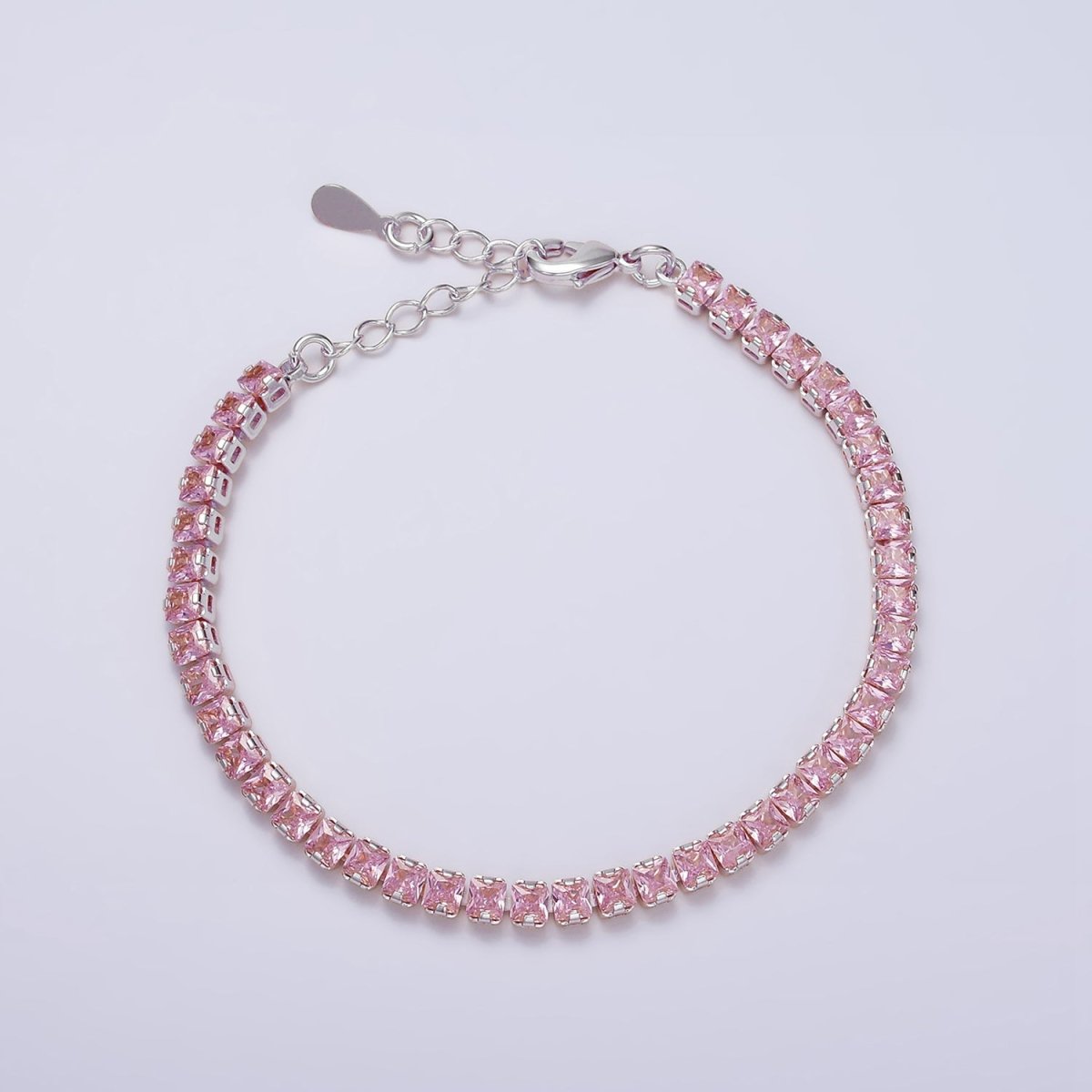 16K Gold Filled 3.8mm Pink, Green, Clear CZ Square Tennis 6.5 Inch Bracelet with Extender in Gold & Silver | WA-1791 - WA-1796