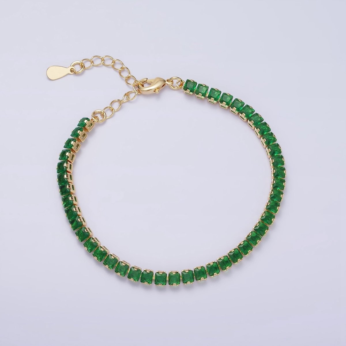 16K Gold Filled 3.8mm Pink, Green, Clear CZ Square Tennis 6.5 Inch Bracelet with Extender in Gold & Silver | WA-1791 - WA-1796