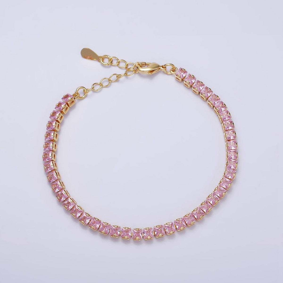 16K Gold Filled 3.8mm Pink, Green, Clear CZ Square Tennis 6.5 Inch Bracelet with Extender in Gold & Silver | WA-1791 - WA-1796