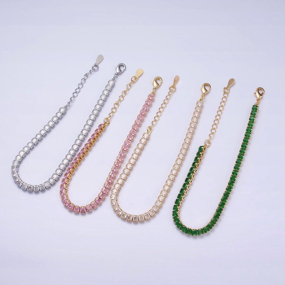 16K Gold Filled 3.8mm Pink, Green, Clear CZ Square Tennis 6.5 Inch Bracelet with Extender in Gold & Silver | WA-1791 - WA-1796