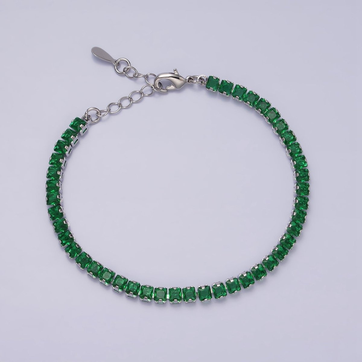 16K Gold Filled 3.8mm Pink, Green, Clear CZ Square Tennis 6.5 Inch Bracelet with Extender in Gold & Silver | WA-1791 - WA-1796