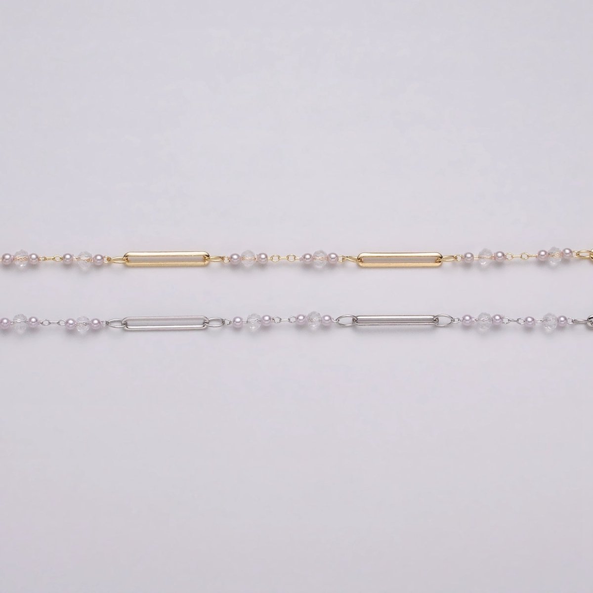 16K Gold Filled 3mm Synthetic Pearl Clear Rondell Paperclip Link Unfinished Chain in Gold & Silver | ROLL-1341 ROLL-1342