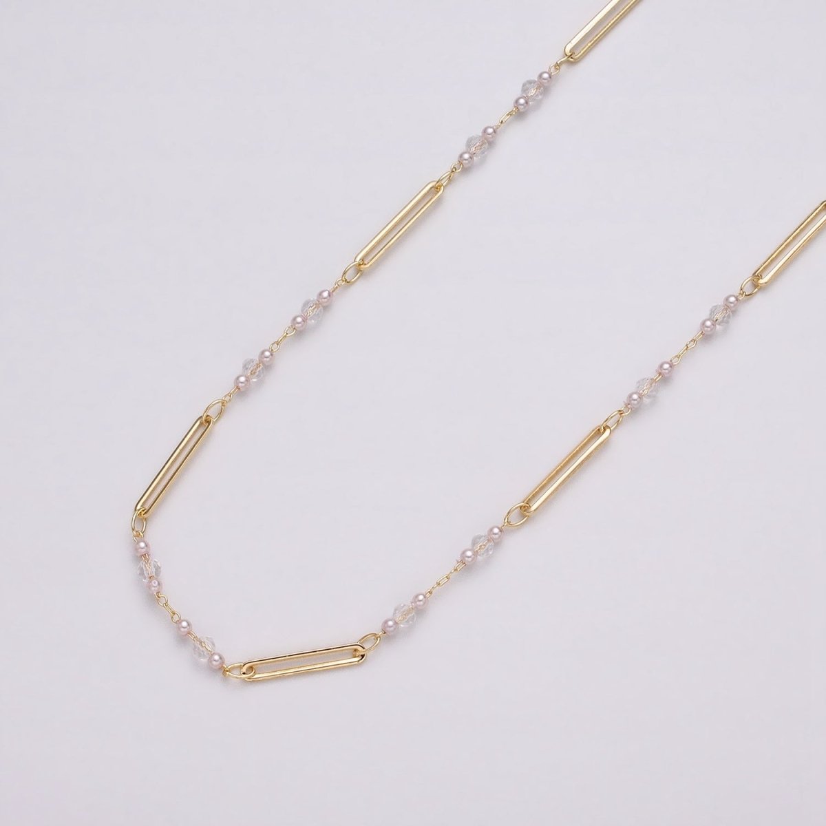 16K Gold Filled 3mm Synthetic Pearl Clear Rondell Paperclip Link Unfinished Chain in Gold & Silver | ROLL-1341 ROLL-1342