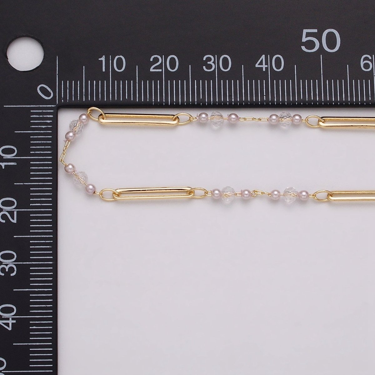 16K Gold Filled 3mm Synthetic Pearl Clear Rondell Paperclip Link Unfinished Chain in Gold & Silver | ROLL-1341 ROLL-1342