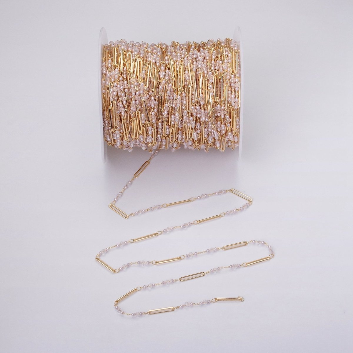 16K Gold Filled 3mm Synthetic Pearl Clear Rondell Paperclip Link Unfinished Chain in Gold & Silver | ROLL-1341 ROLL-1342