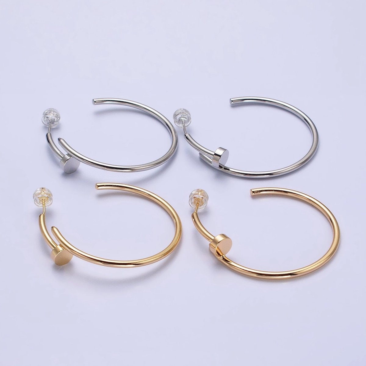 16K Gold Filled 40mm Needle C-Shaped Hoop Earrings in Gold & Silver | AB759 AB760