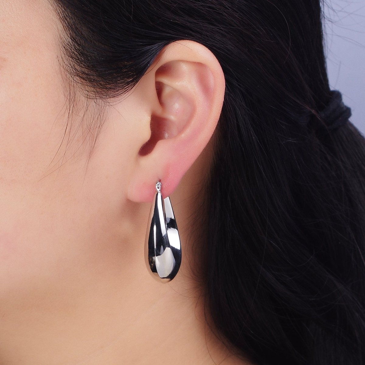 16K Gold Filled 40mm Oblong U-Curved Dome Latch French Lock Hoop Earrings in Gold & Silver | AD-887 AD-888