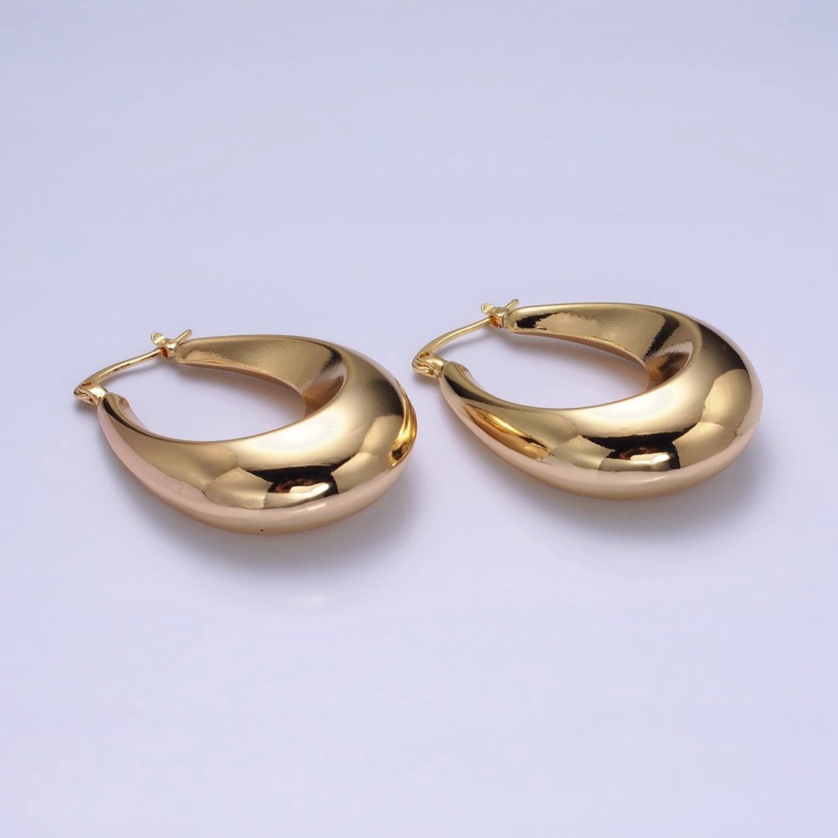 16K Gold Filled 40mm Oblong U-Curved Dome Latch French Lock Hoop Earrings in Gold & Silver | AD-887 AD-888