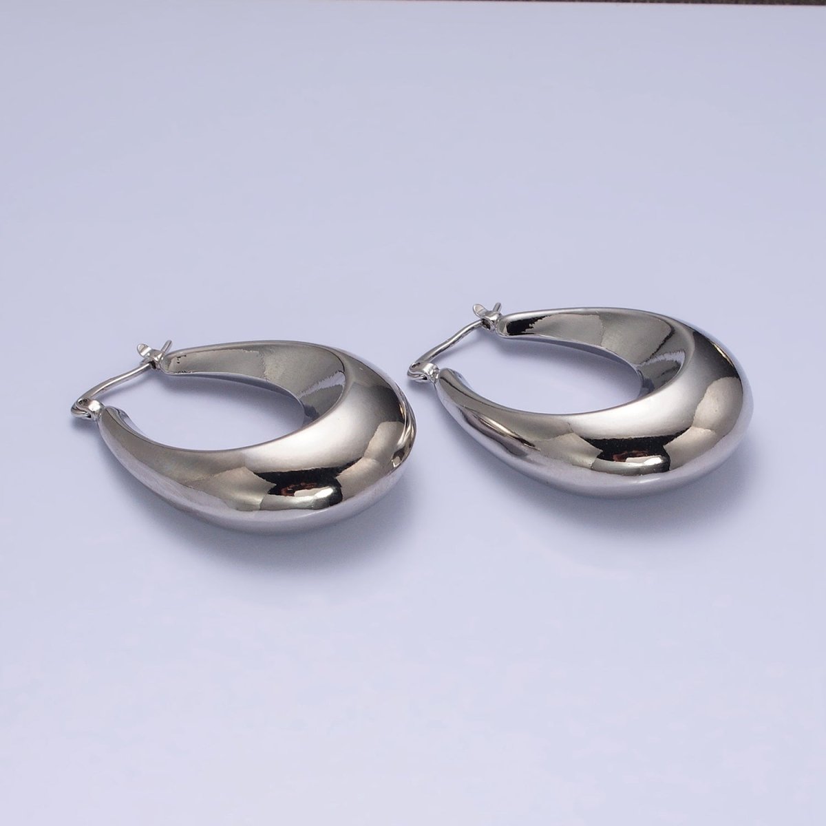 16K Gold Filled 40mm Oblong U-Curved Dome Latch French Lock Hoop Earrings in Gold & Silver | AD-887 AD-888