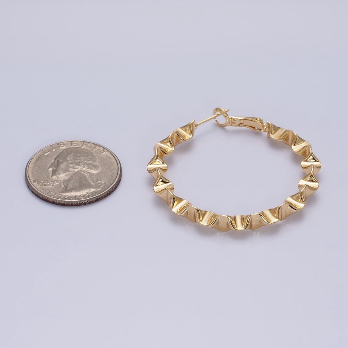 16K Gold Filled 43.5mm Geometric Wavy Foil Hinge Hoop Earrings in Gold & Silver | AB1437 AB1438