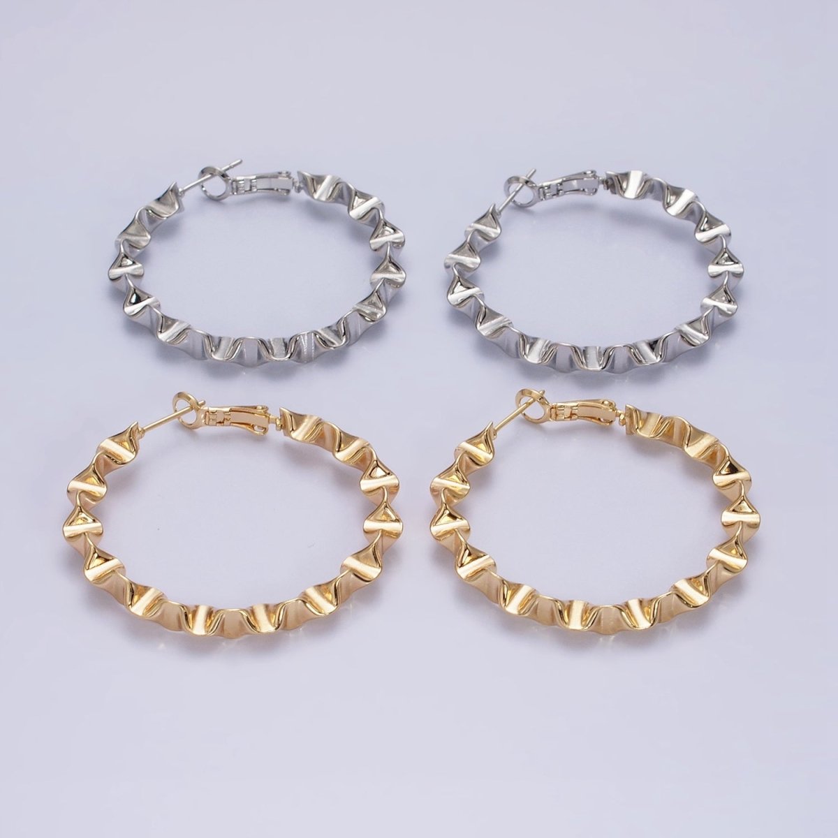 16K Gold Filled 43.5mm Geometric Wavy Foil Hinge Hoop Earrings in Gold & Silver | AB1437 AB1438