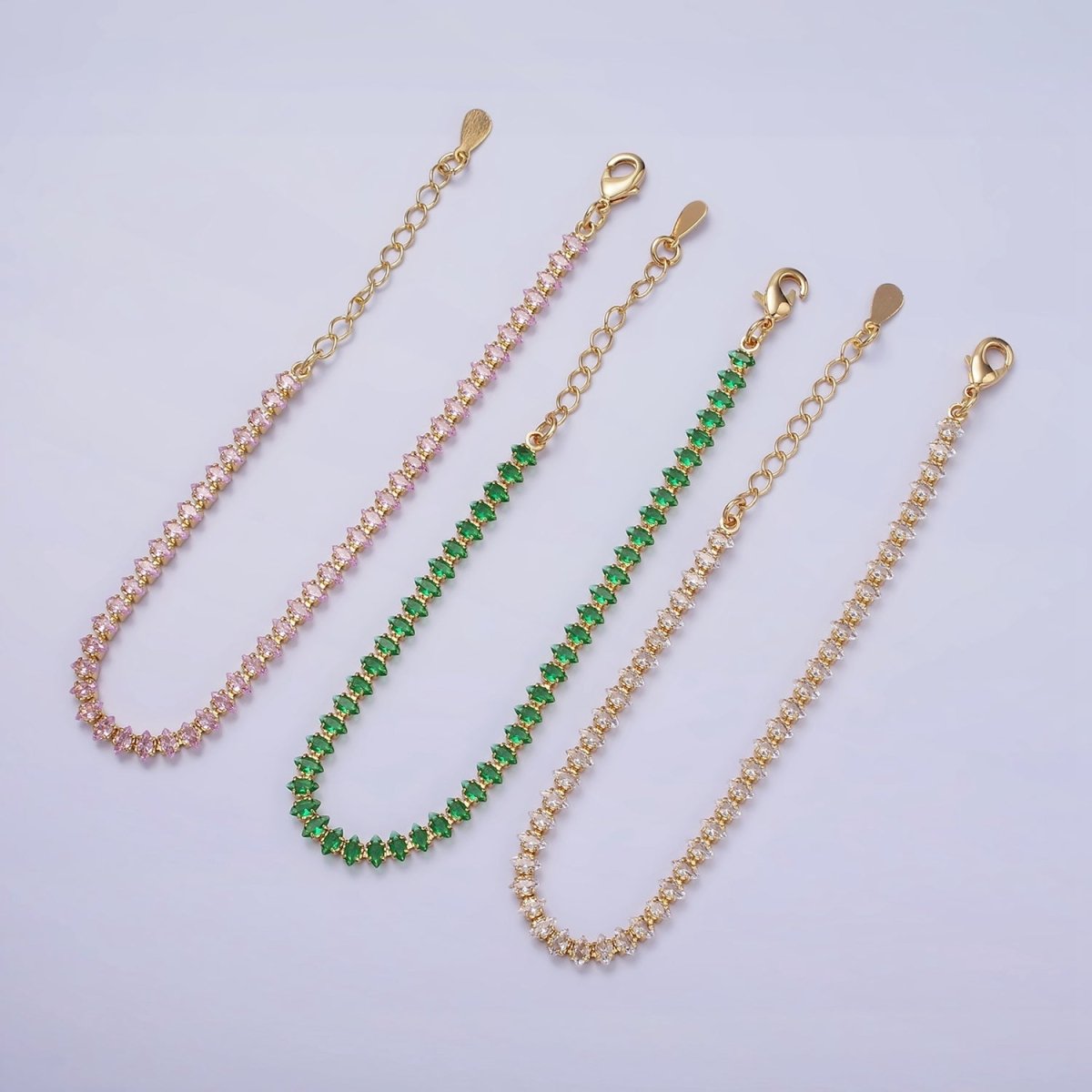 16K Gold Filled 4mm Green, Clear, Pink CZ Marquise Tennis 6.5 Inch Bracelet with Extender | WA-1788 - WA-1790 Clearance Pricing