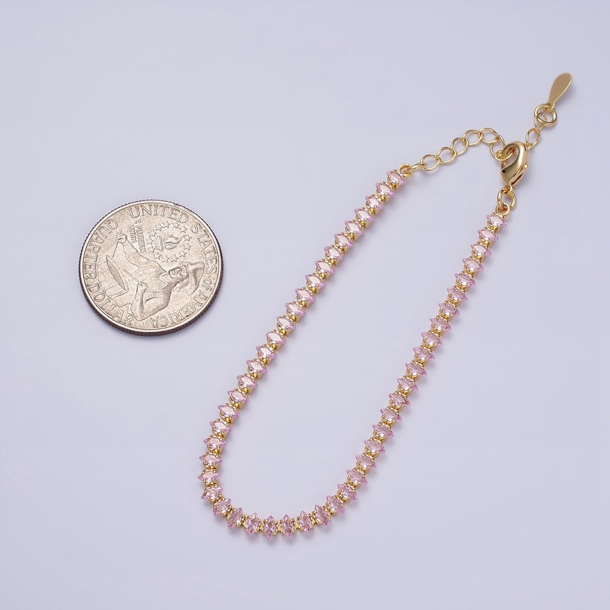 16K Gold Filled 4mm Green, Clear, Pink CZ Marquise Tennis 6.5 Inch Bracelet with Extender | WA-1788 - WA-1790 Clearance Pricing