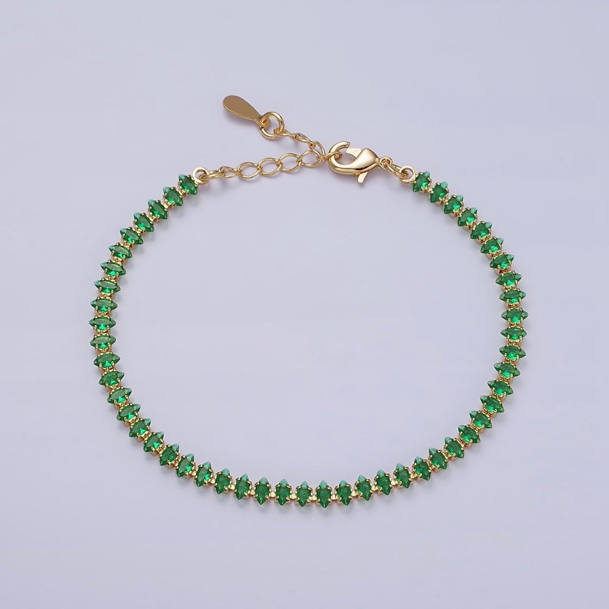 16K Gold Filled 4mm Green, Clear, Pink CZ Marquise Tennis 6.5 Inch Bracelet with Extender | WA-1788 - WA-1790 Clearance Pricing