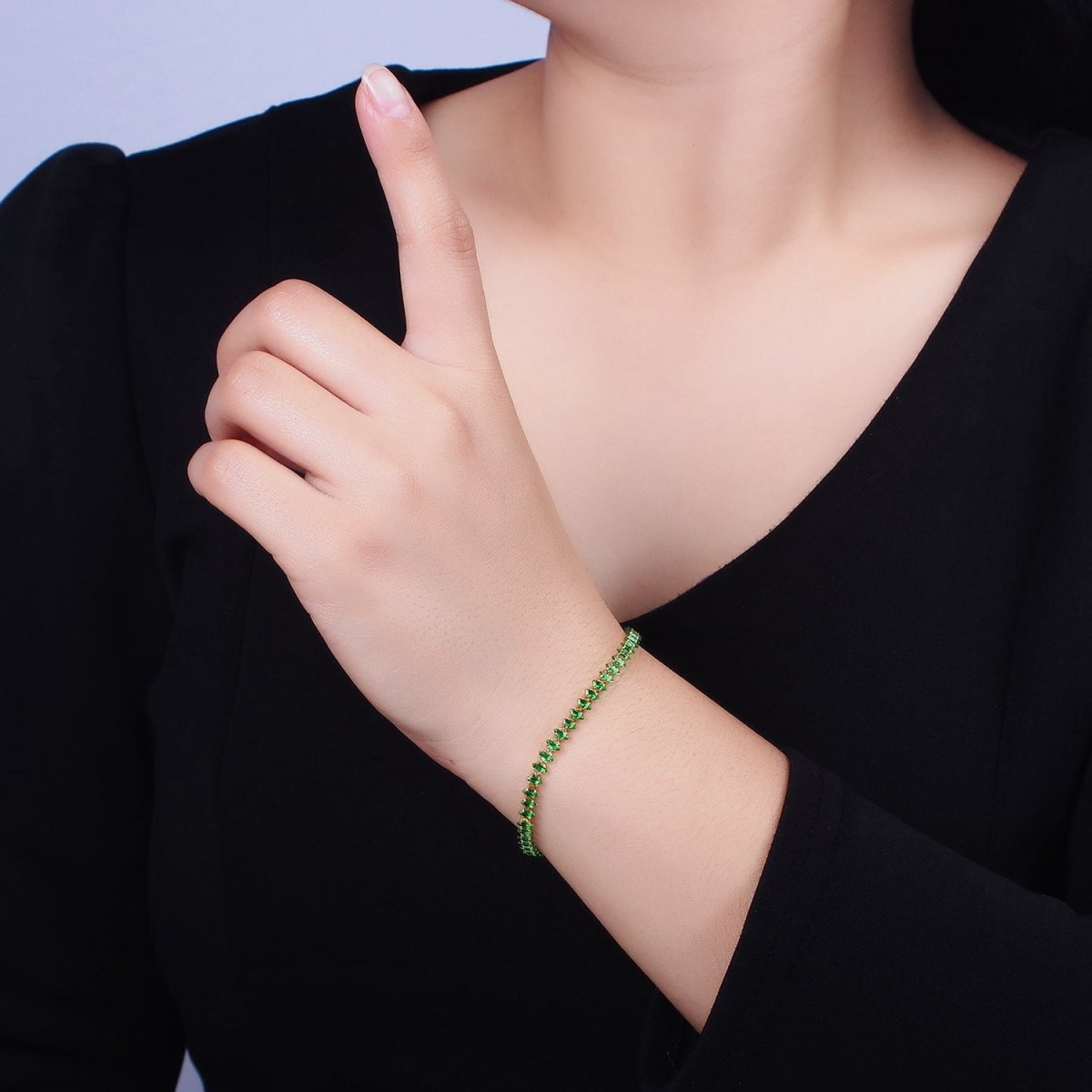 16K Gold Filled 4mm Green, Clear, Pink CZ Marquise Tennis 6.5 Inch Bracelet with Extender | WA-1788 - WA-1790 Clearance Pricing